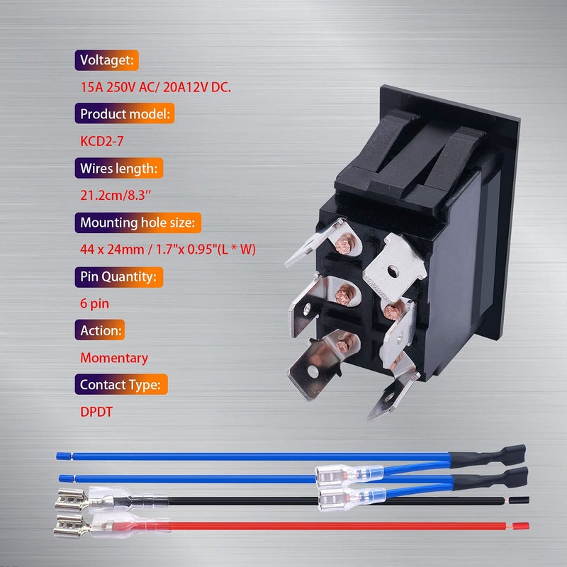 weideer Momentary Reverse Polarity Rocker Switch DPDT (ON)-Off-(ON) 6 Pin 20A 12V DC Power Tongue Jack Switch with Jumper Wires for RV Trailer Motor Control KCD2-7-223-6P-X - Image 3